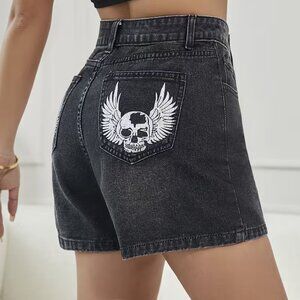 Romwe Denim Shorts XL Black Skull Graphic High Waisted Y2K Edgy Goth Style